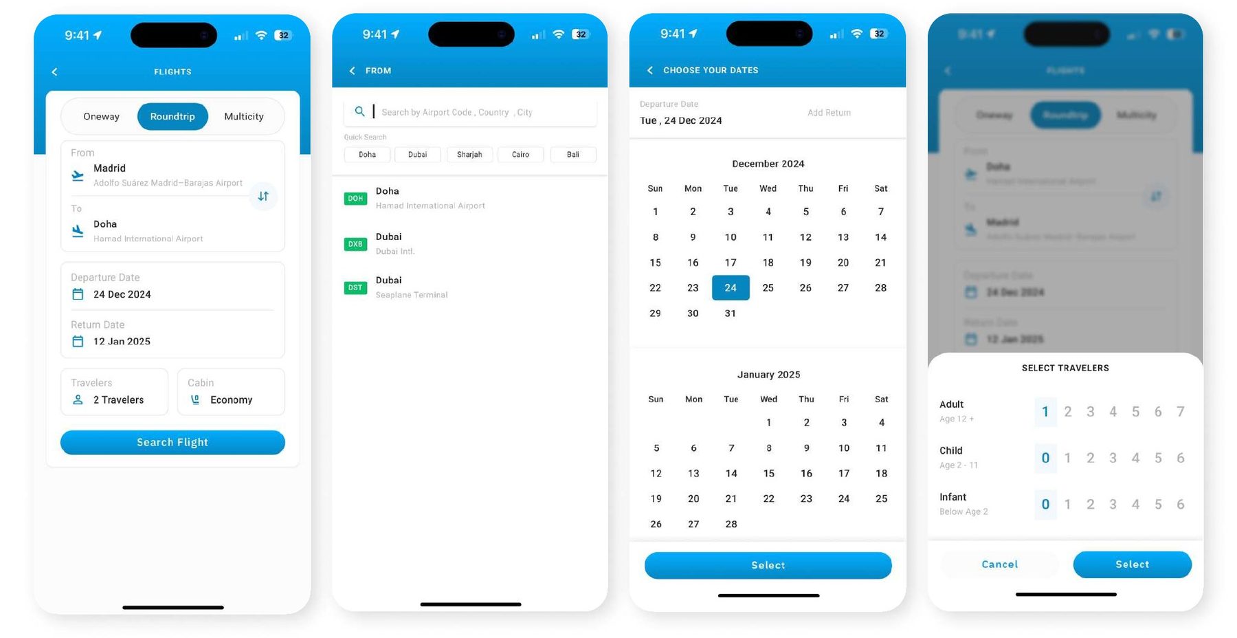 Flight search, location, date and traveler selection screens
