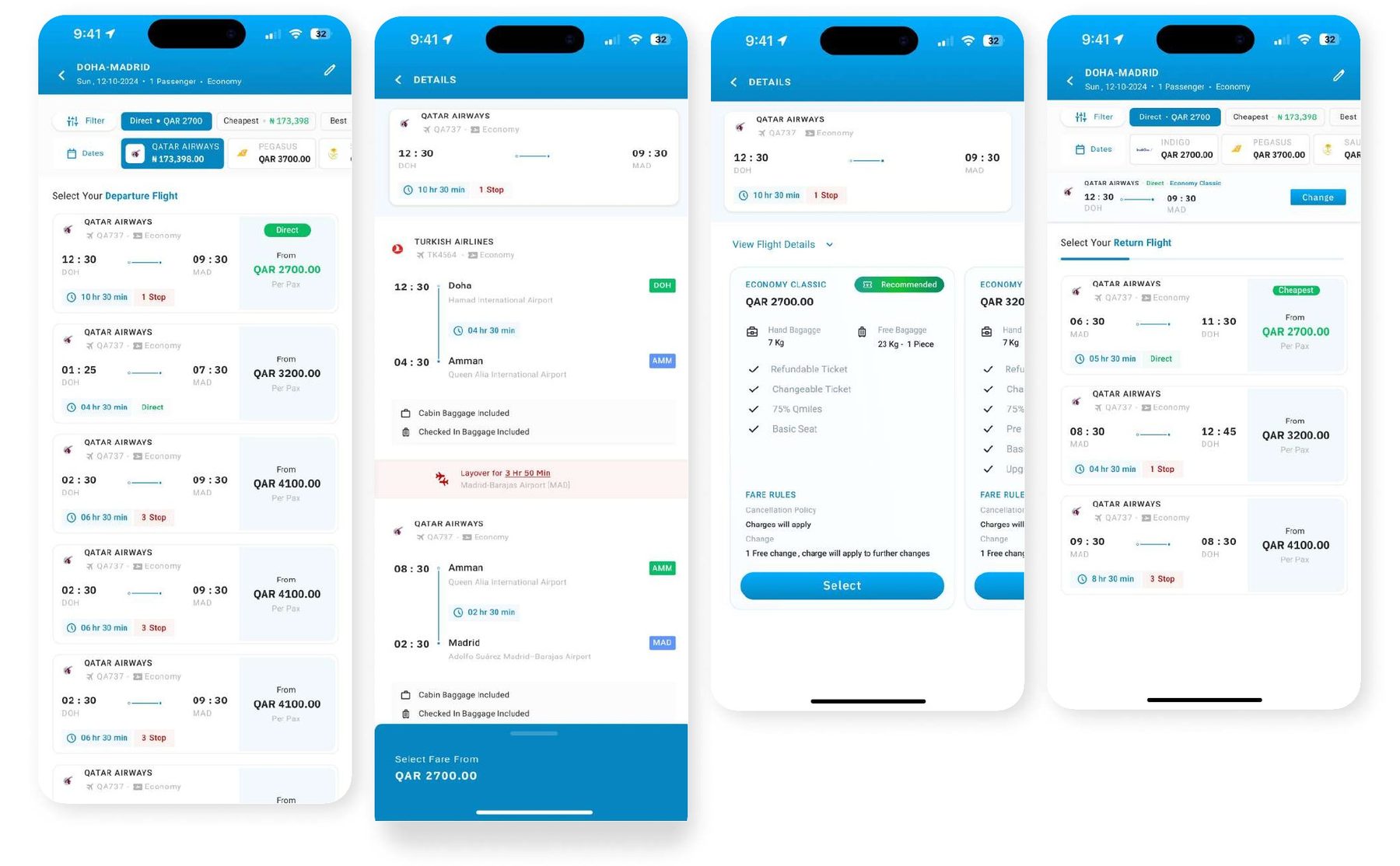 Flight results and flight detail screens