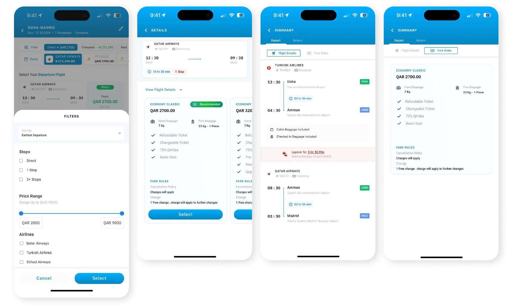 Flight filters and fare detail screens