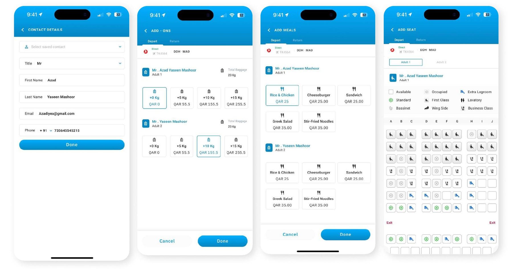 Contact details, baggage, meal and seat selection screens