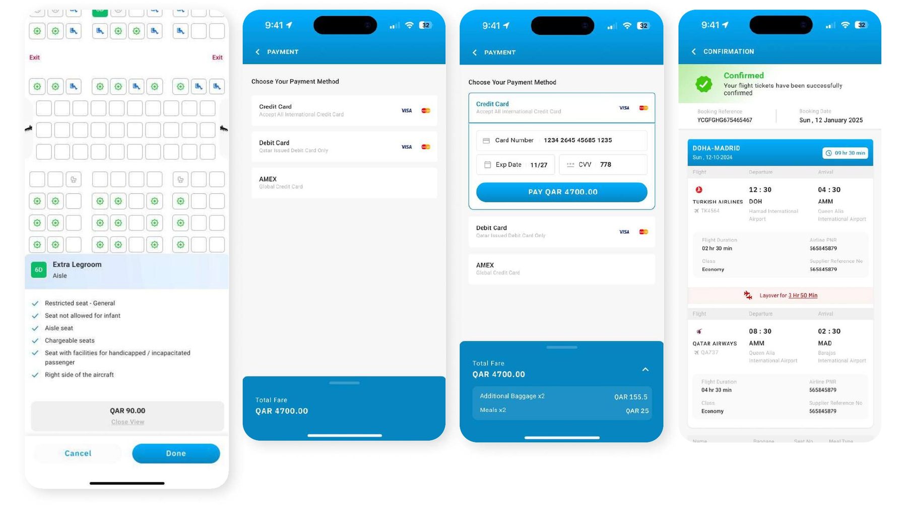 Seat map, payment and booking confirmation screens