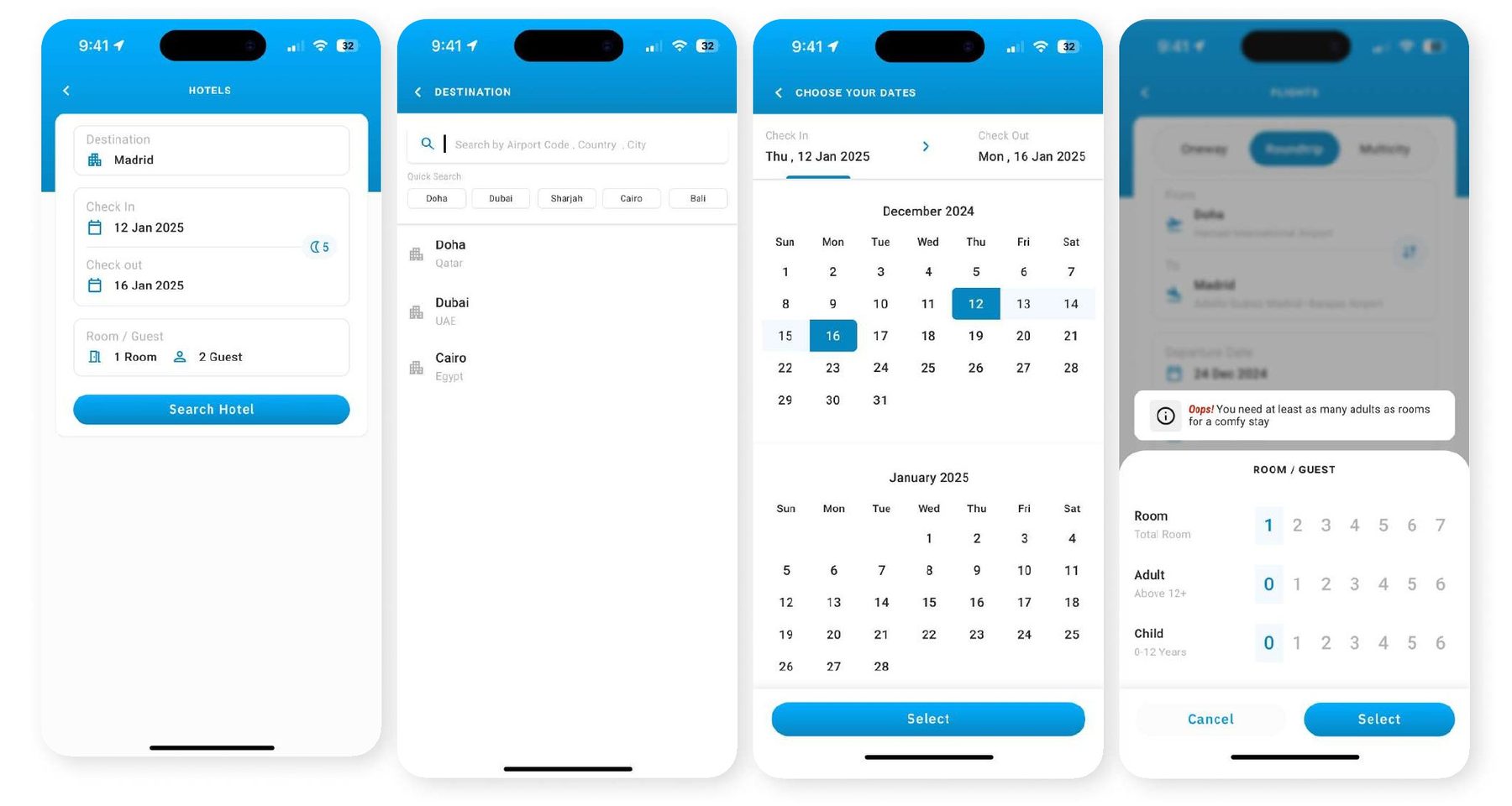 Hotel search, destination, dates and rooms screens