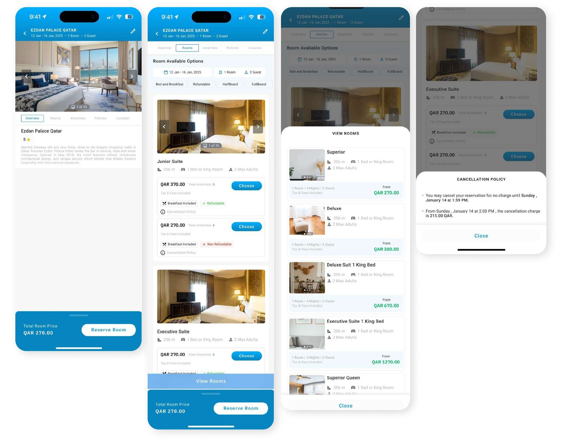 Hotel results and room options screens