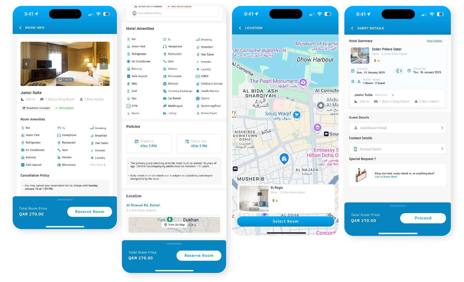 Room detail, amenities, map and guest details screens