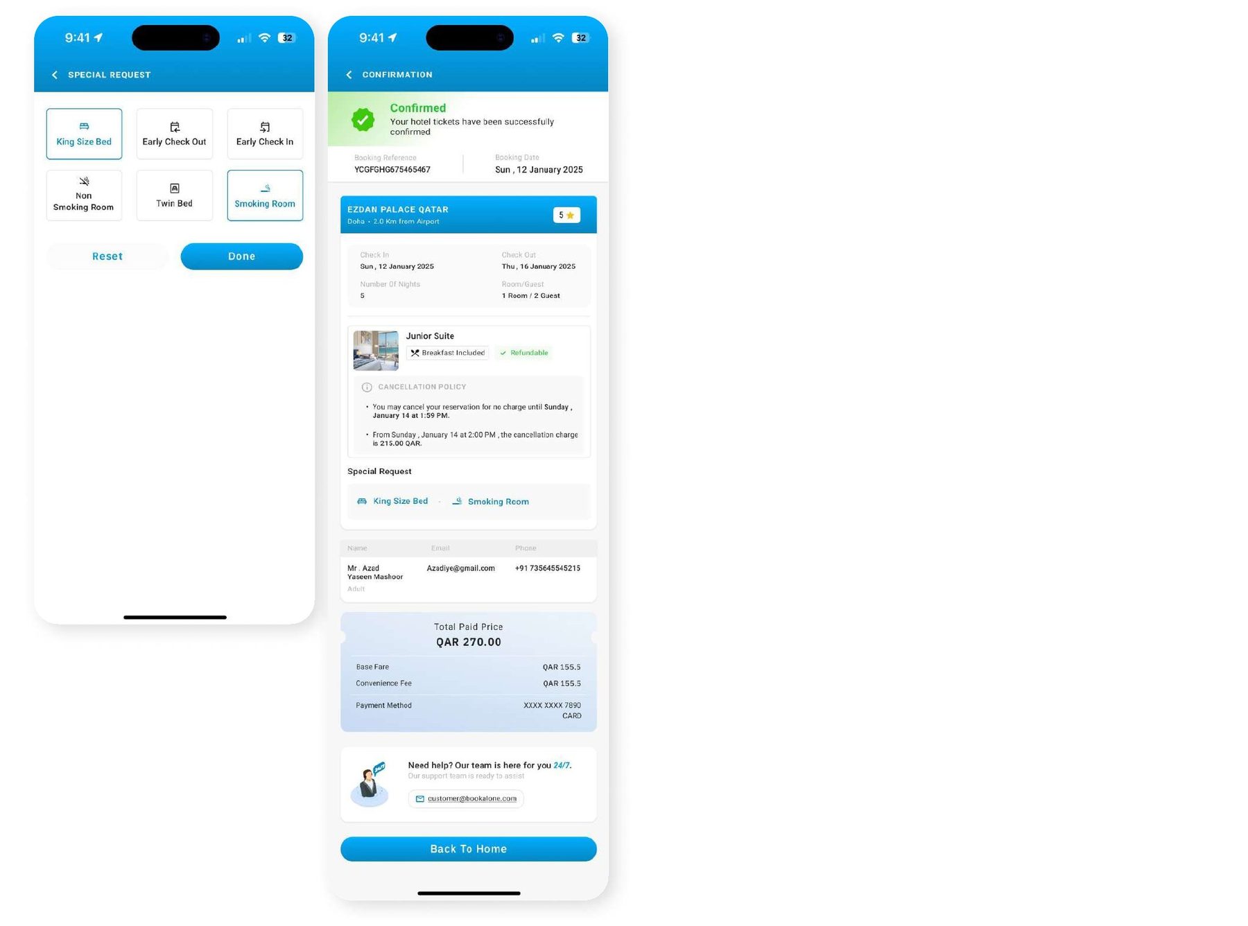 Special requests and hotel booking confirmation screens