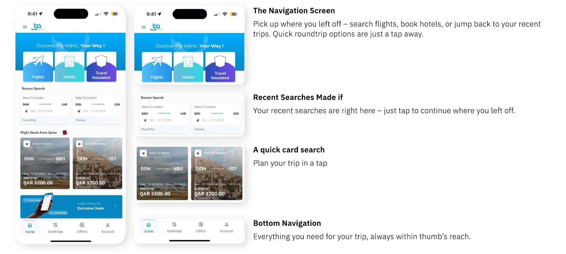 Home screens with notes on the navigation screen, recent searches, quick card search and bottom navigation