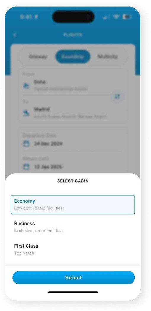 Cabin class selection sheet
