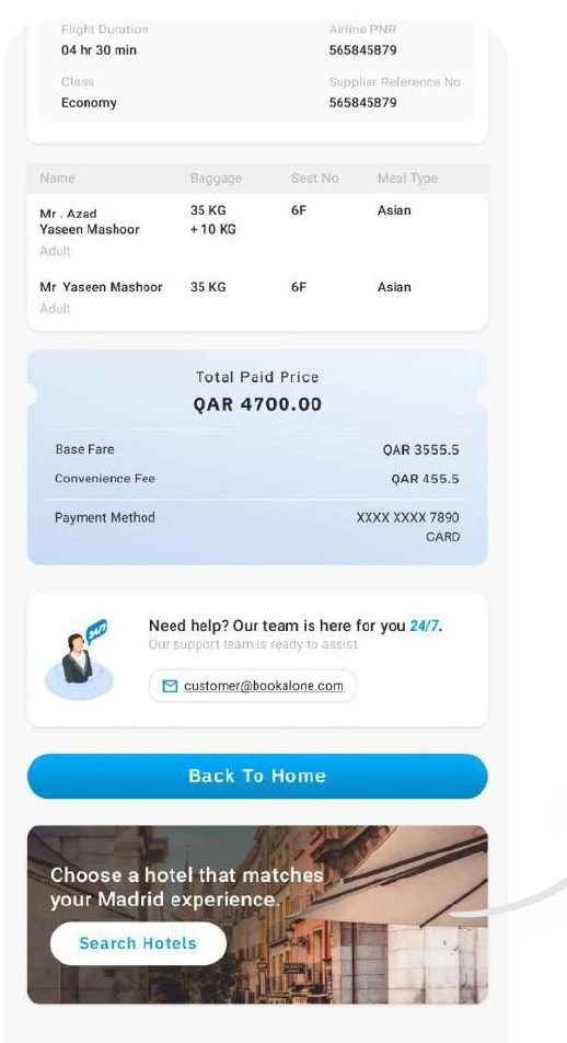 Booking confirmation with hotel suggestion