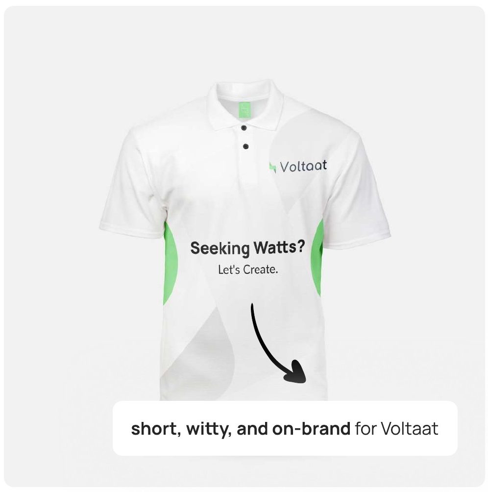 Voltaat t-shirt front, Seeking Watts? Let's Create.